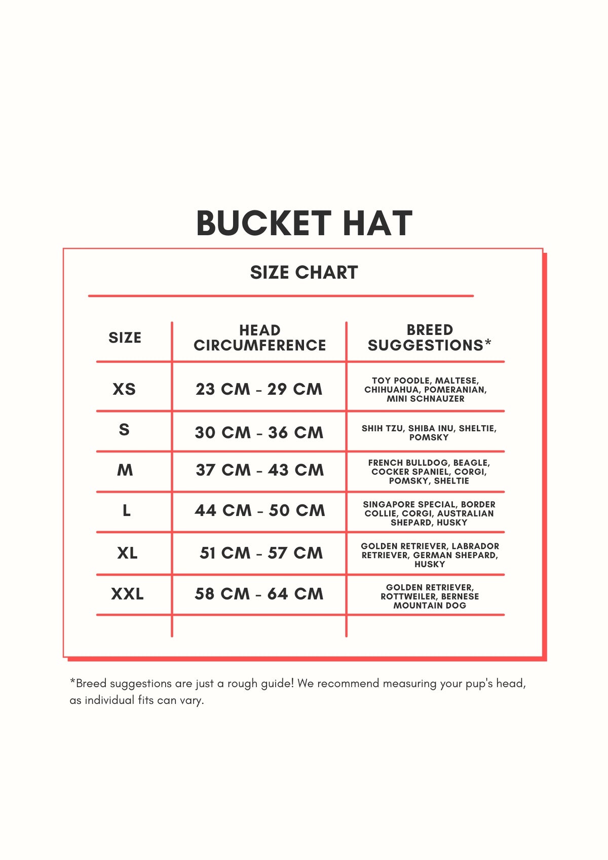 A size chart graphic for a bucket hat, showing head circumference measurements in centimeters for sizes XS through XXL, with breed suggestions listed in the right column on a white background.